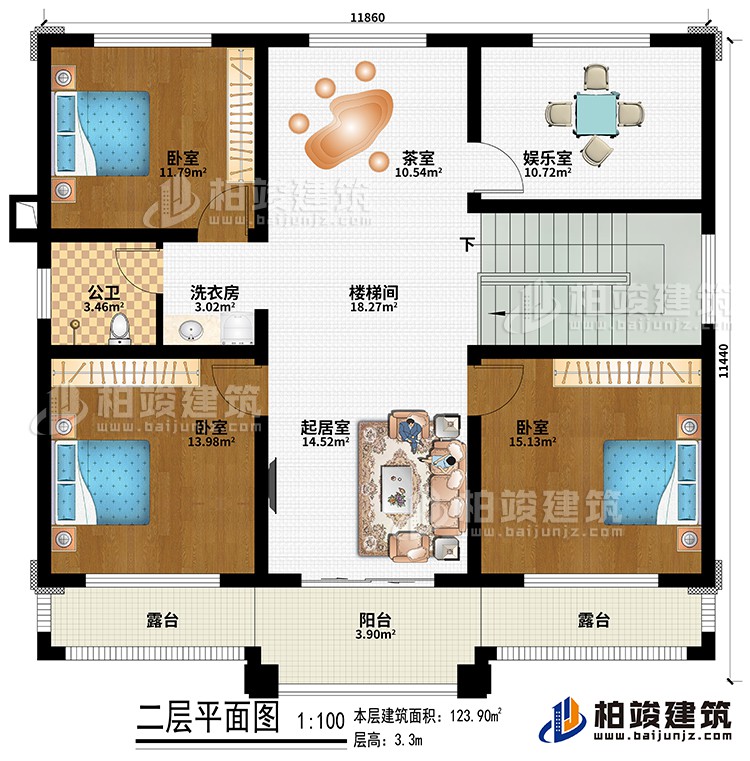 二层：楼梯间、起居室、茶室、3卧室、娱乐室、洗衣房、公卫、阳台、2露台